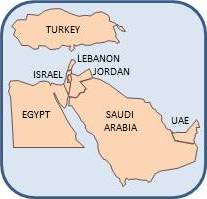 Map of the Middle East, displaying Egypt, Turkey, Israel, Lebanon, Jordan, Saudi Arabia, and UAE