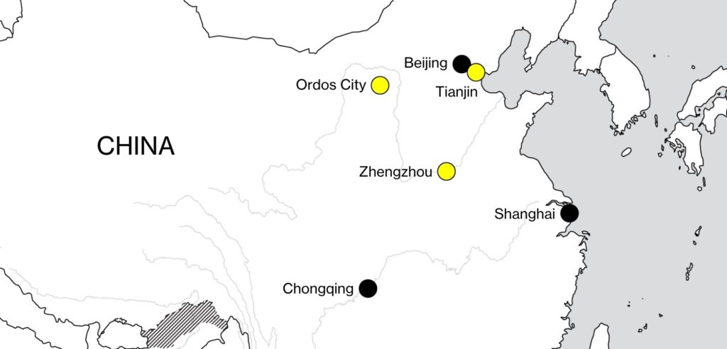 Map of Northern China indicating the cities in the article