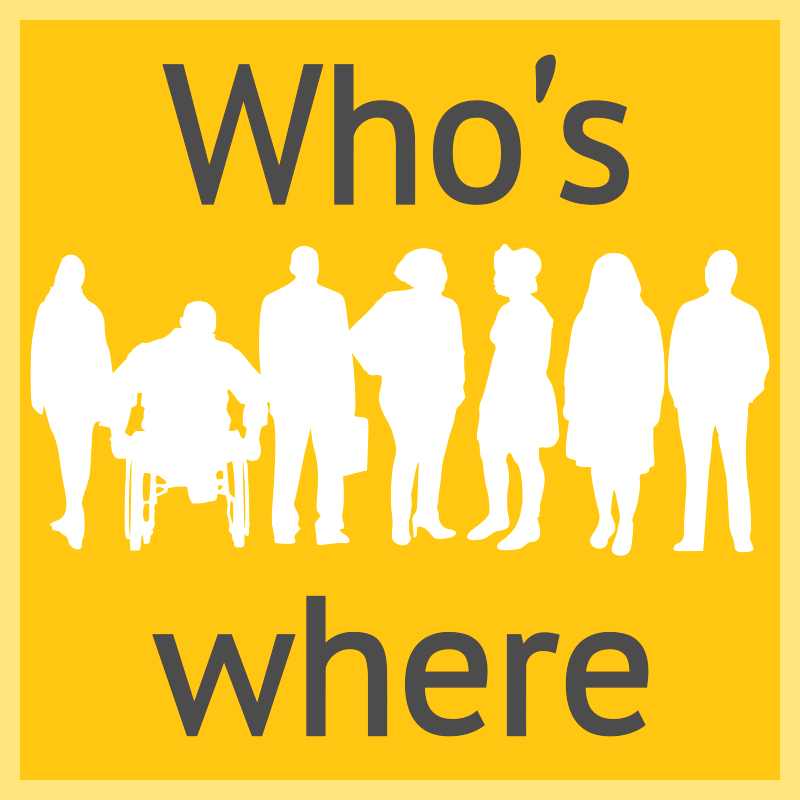 Yellow square with white silhouettes of professional people, most standing with one in a wheelchair. Text above and below the figures says Who's where.