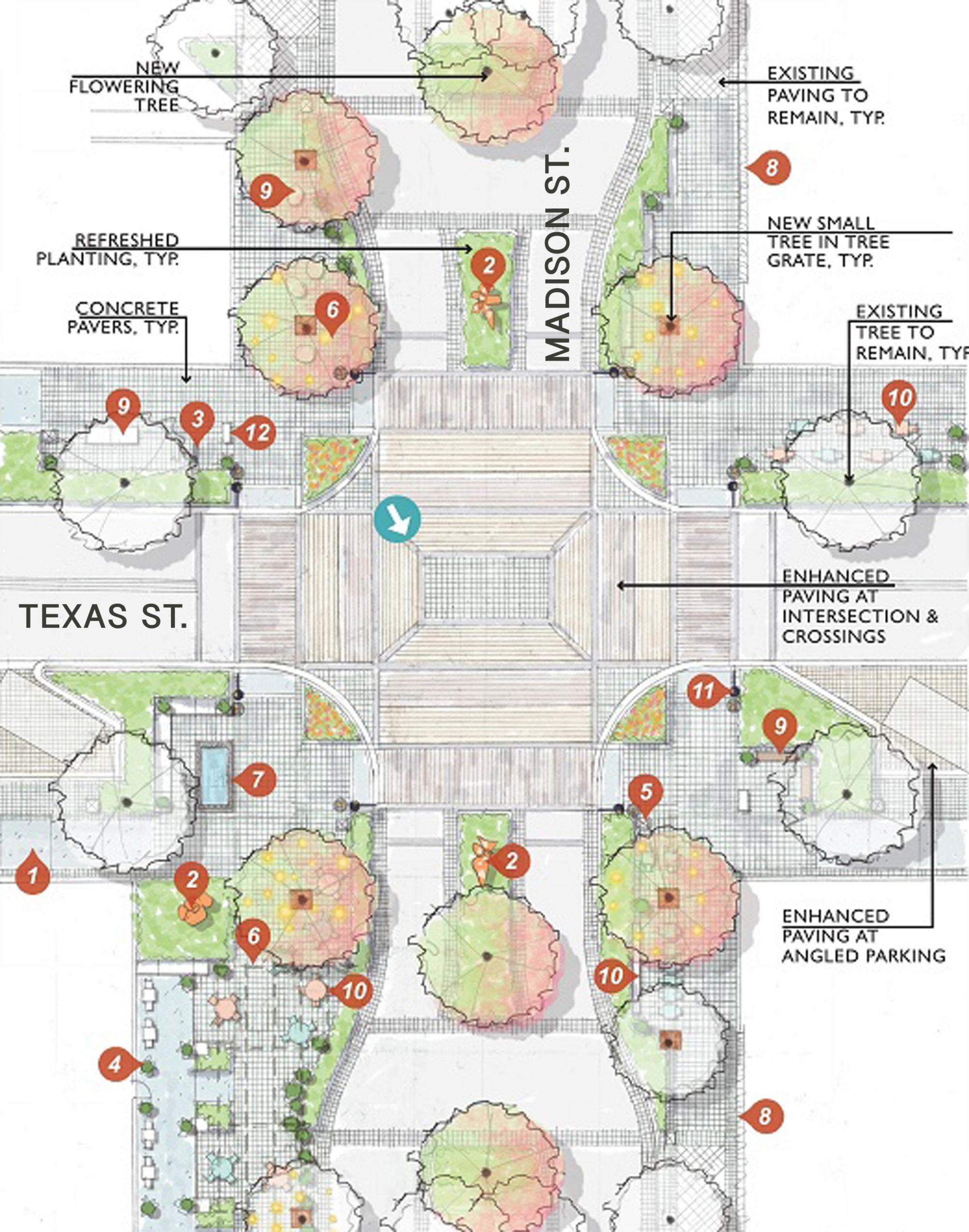 Fairfield, CA, is eyeing a more pedestrian-centric downtown including narrower streets, changed paving, and visual cues that slow down traffic while widening sidewalks and adding landscaping, outdoor furniture, and other amenities. Source: Gates + Associates.