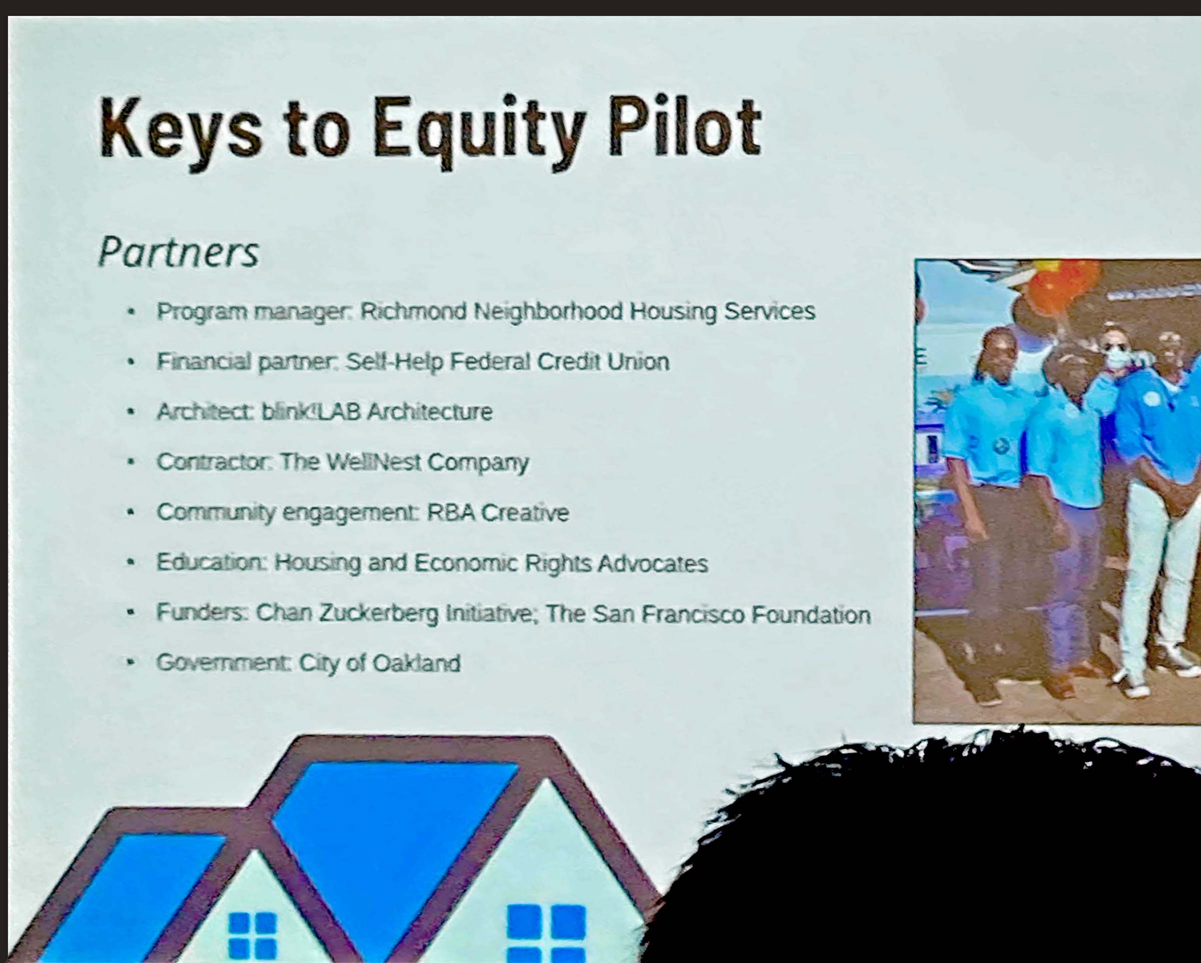 Darin Ranelletti’s presentation on Oakland’s Keys to Equity pilot included a list of community partners that were essential to the creation of the project. Photo: Snow Zhu, Presentation Slide: Darin Ranelletti