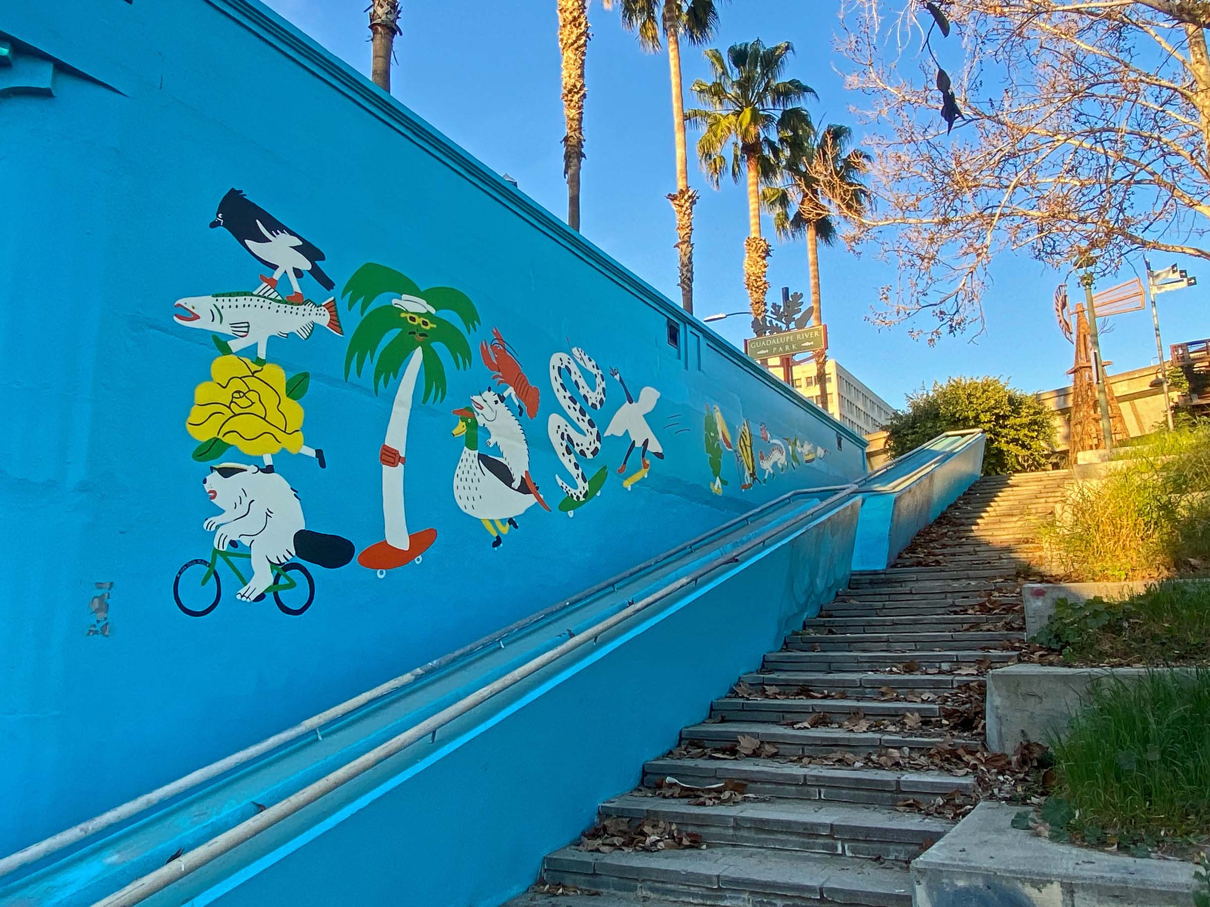 “Do You Know the Way to San Jose’s Guadalupe River Trail?” is a 2,550 square-foot mural on the Santa Clara Street bridge by local artist Kristina Micotti. Photo: Matt Schroeder