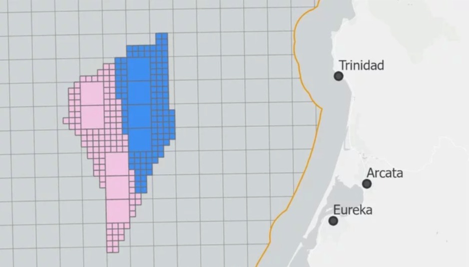 Image of Bureau of Ocean Energy Management two areas off Humboldt County's shores that will be opened for wind energy leases on Tuesday, Dec. 6.