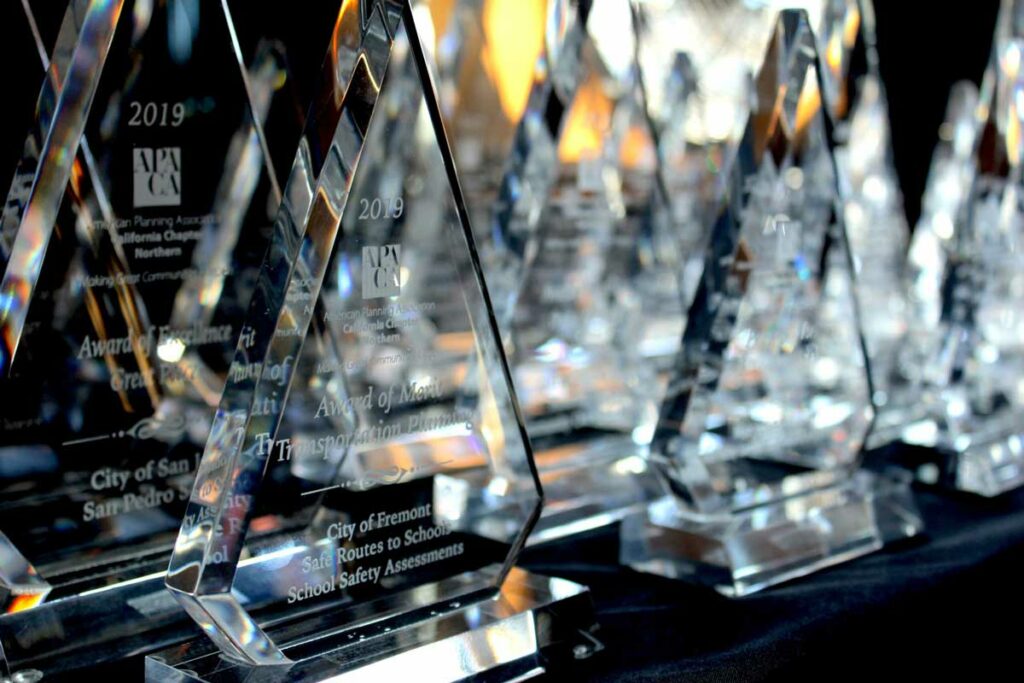 Image of awards statuettes for the American Planning, California Chapter 2019 awards program ceremony