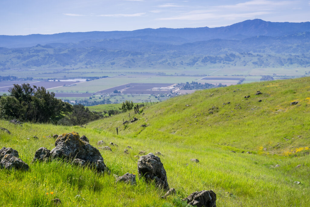 View towards the valley and the Loma Prieta peak from the hills of Coyote Ridge, San Jose, south San Francisco bay, California