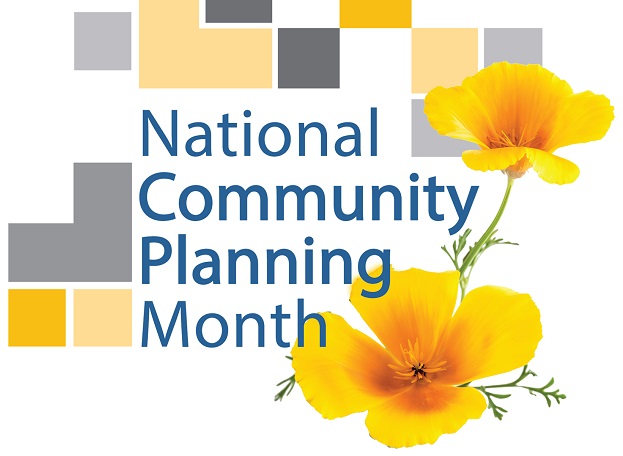 Illustration for National Community Planning Month with dark gray, light gray and peach blocks, also with California poppies.