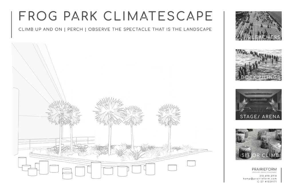 Drawing showing the Frog Park Climatescape with plants and seating elements as seen from the northwest corner of the space.
