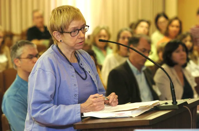 Photo of Marjorie Macris of the Sierra Club Marin Group raises concerns about wildlife during a Marin County Planning Commission hearing on a playground project at Strawberry Point School in 2007.