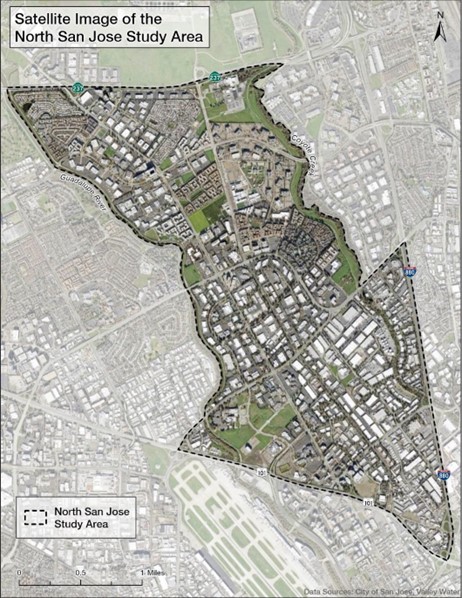 Satellite view boundary map of the North San Jose Study Area, a 6.22-square mile area bounded by SR-237 to the north, US-101 to the south and west, Guadalupe River to the west, I-880 to the south and east, Coyote Creek to the east.