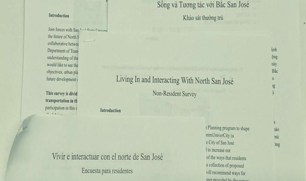 Cover pages of the resident and non-resident surveys in English, Spanish, and Vietnamese. The survey is titled Living in and Interacting with North San José.