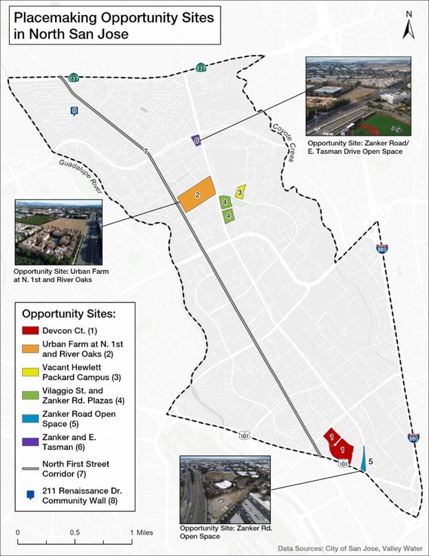 Study area map highlighting eight placemaking opportunity sites identified in the Capstone study. Three are called out in order from more neighborhood scale to more streetscape scale: 1) Urban Farm at North First and River Oaks; 2) Zanker Road Open Space; 3) Zanker Road / East Tasman Drive Open Space.