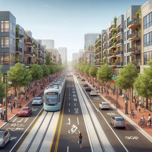 Image of traffic on North 1st Street in San Jose, CA, is reimagined with street-level dedicated light-rail lanes, a central bike lane, and single lanes for vehicle traffic. Both sides of the street are activated by ground floor commercial and four stories of residential. Sidewalks are widened and shaded by a line of street trees.