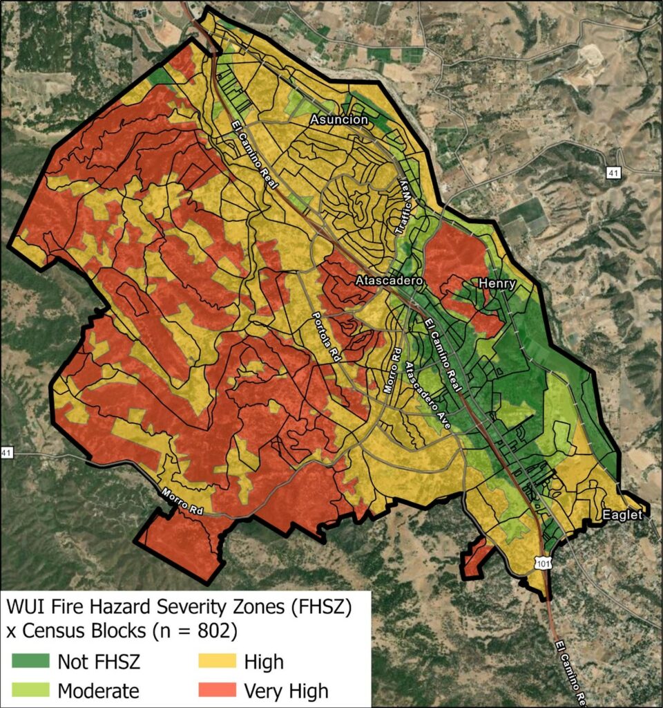 Map of a community, subdivided by districts (U.S. Census block groups) and hazard zones (CAL FIRE Fire Hazard Severity Zones). Combining these to form district-hazard zones is the first step in the Plan Integration for Resilience Scorecard™ for Wildfire process and enables spatial plan evaluation.
