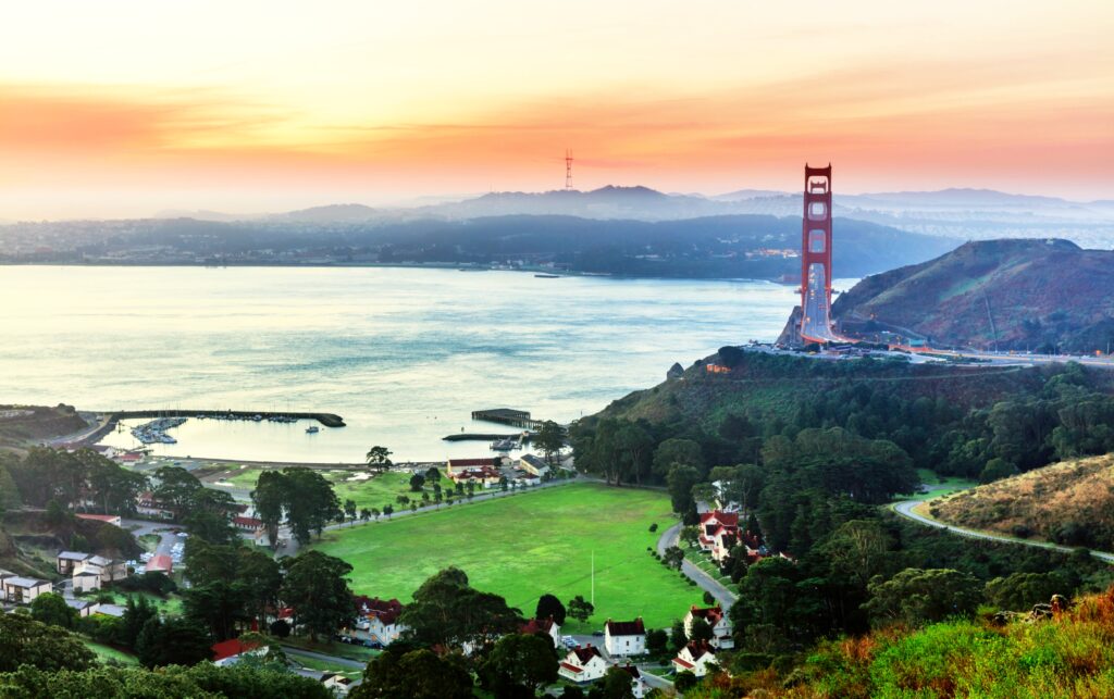 Picture of southwest view of San Francisco with Sutro Tower and the Golden Gate Bridge.