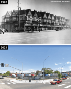 Two photos of 7th and Wood streets in Oakland, CA comparing how it looks today compared to 1920.