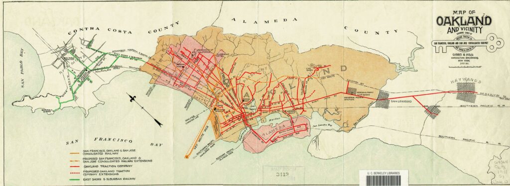1911 map showing the various streetcar and commuter train lines that would later become the Key System (Secret San Francisco: The Key System)