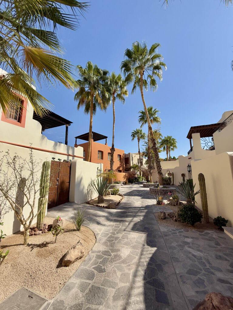 A typical car-free pedestrian avenue, adobe architectural style homes, and desert landscape of the original Duany Plater-Zyberk master planned community of the Village of Loreto Bay.