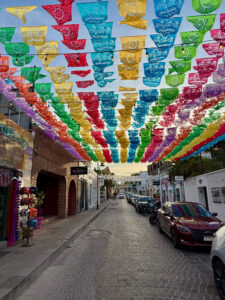 A picture of the San Jose del Cabo Historic Center and Arts District with shops lining either side of a street with a walkway on one side and car parking on the other side with multi-colored flags displayed above.