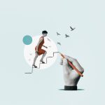 Stock image of woman climbing free-standing stairs simulating a rise in professional development.