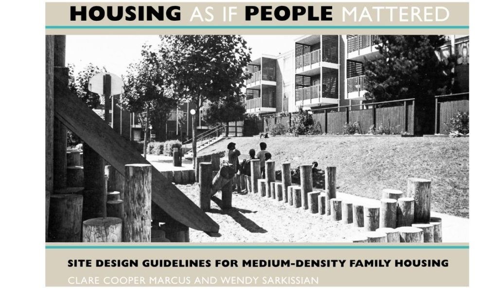 Clare Cooper Marcus, book cover for "Housing As If People Mattered," featuring a black-and-white photograph of a medium-density residential complex.