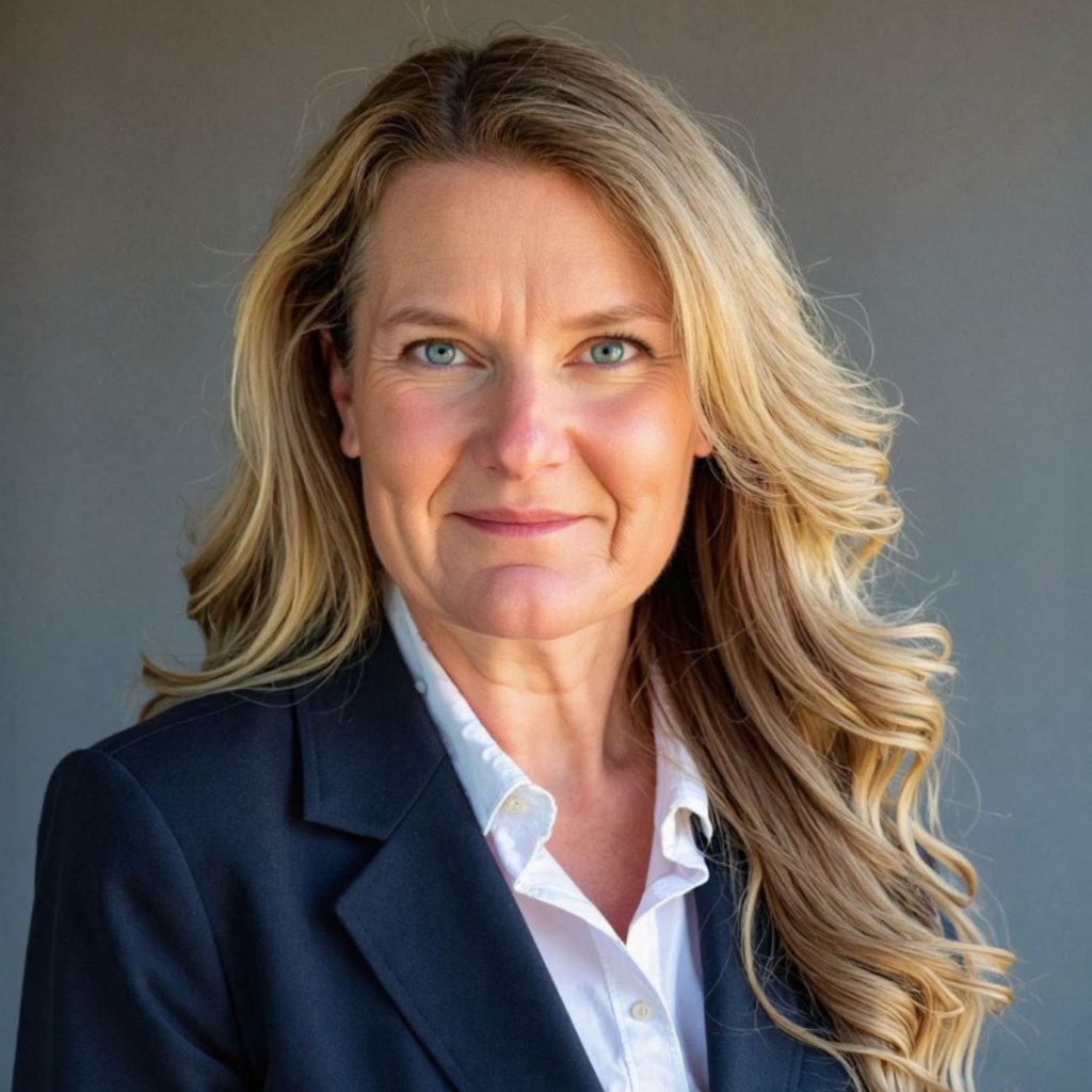 Headshot of a smiling Caucasian woman with long blond hair, blue eyes, wearing a white button-down shirt with a navy blue blaser.