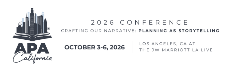 American Planning Association, California Chapter, conference logo in black, grey and blue on a transparent background.