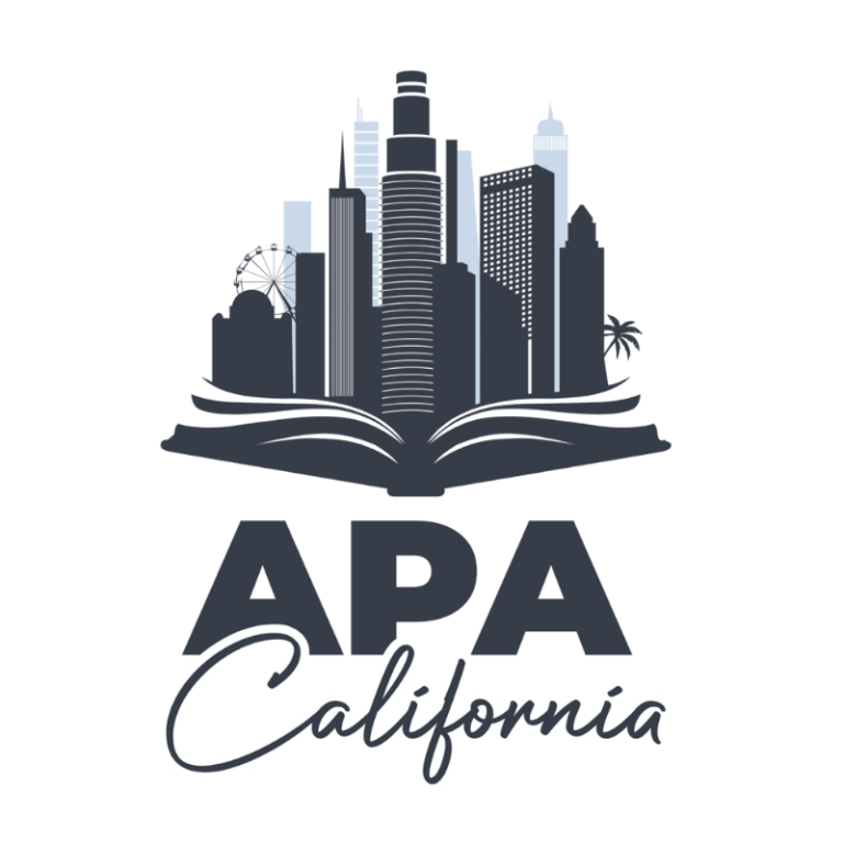 American Planning Association, California Chapter, conference logo in black, grey and blue on transparent background.